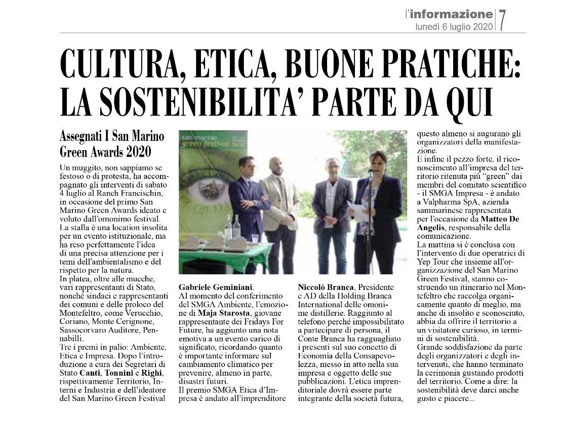 Ho ricevuto il Premio San Marino Green Awards Etica d’Impresa